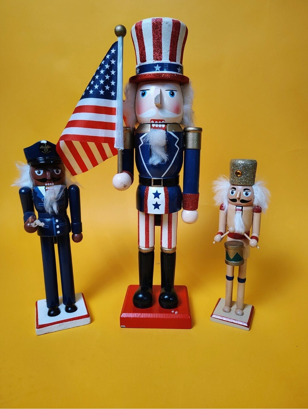 Patriotic Christmas Nutcracker Set 3 Uncle Sam American Flag Military Pilot Drum